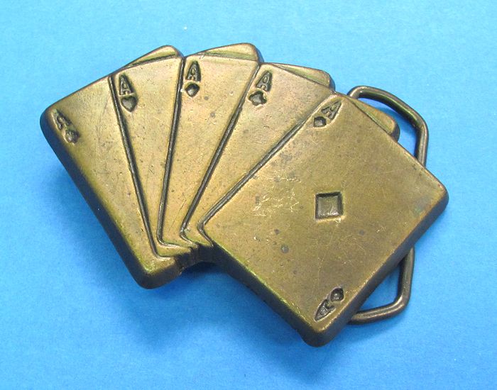 Vintage Brass Belt Buckle With Fan of Five Aces
