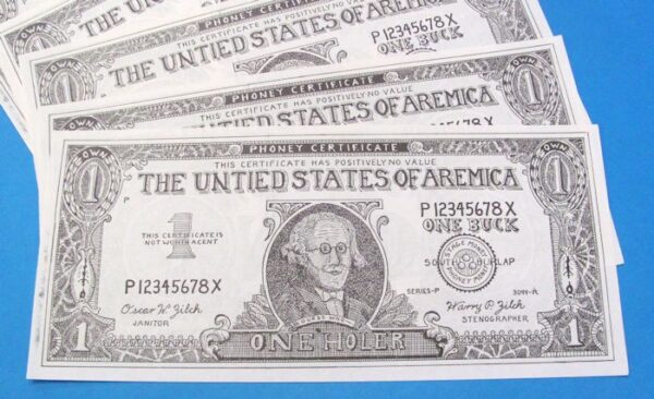 phony certificate jumbo one dollar bills 6 pack