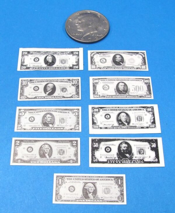 9 different value miniature bills